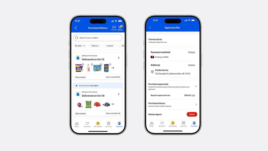 Two phones showing Walmart's app: an order placed by an agent, and an Agent profile screen with a $50 approval limit