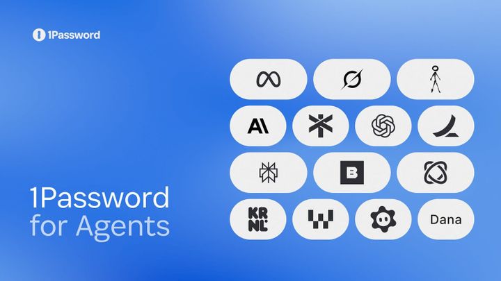 1Password for Agents banner: the 1Password logo beside a grid of AI partner logos on a blue background