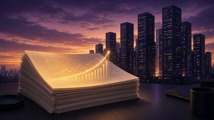 A glowing stack of financial papers before a skyline of data-center towers at dusk