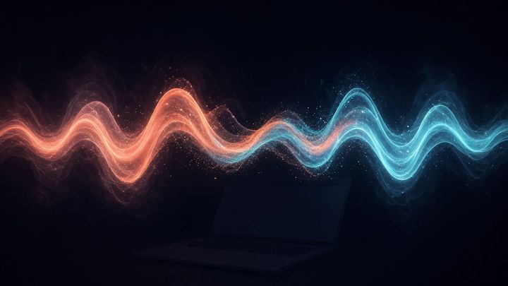 Illustration: a coral and a cyan sound wave meeting and intertwining over a dark background, with a faint laptop silhouette below