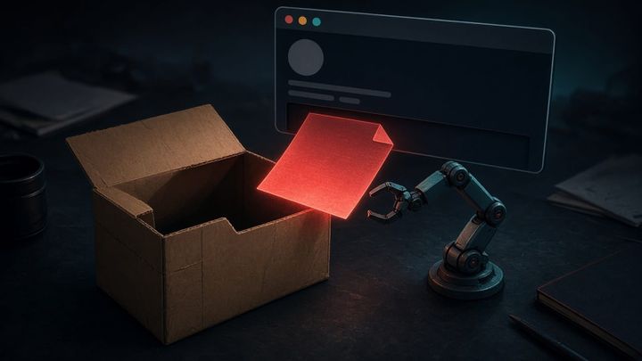 Illustration: a glowing red paper note sliding from a browser window into an open cardboard box as a small robotic arm reaches for it