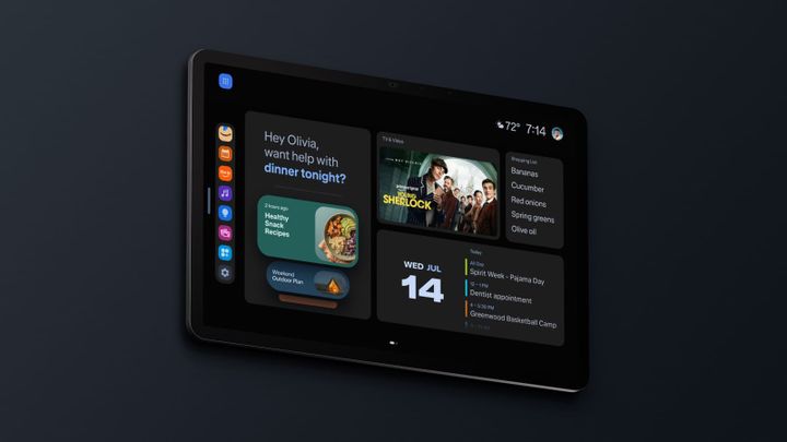 Amazon's Echo Show 16 smart display angled on a dark background, its screen showing a dinner prompt, a TV show tile, a shopping list and a family calendar