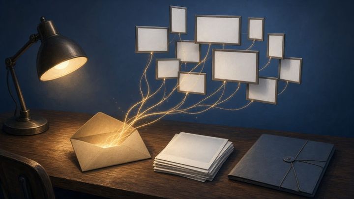 Illustration: an open envelope, a stack of photos and a folder on a lamplit desk, with glowing threads rising to a cluster of blank billboards
