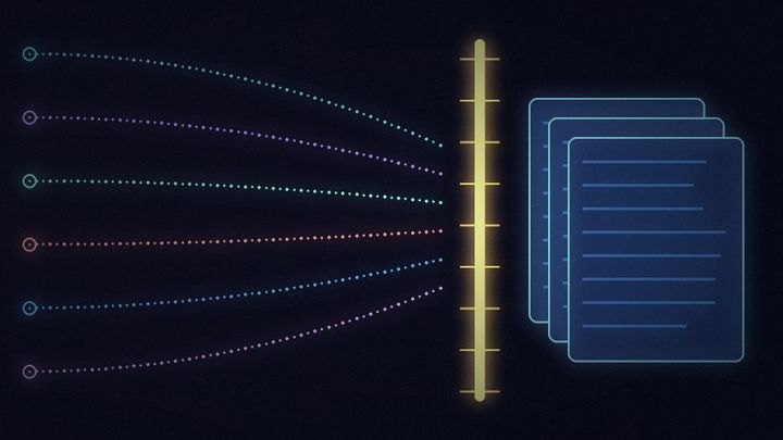 Abstract illustration of several dotted beams of light stopping at a single glowing gate in front of a stack of blank web pages