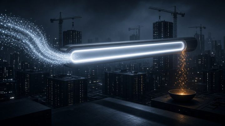 Night city of data-center towers and cranes with a giant blank glowing search bar above; a stream of light pours in at left while only a trickle of amber sparks falls into a small bowl