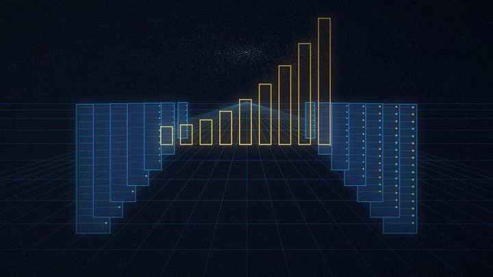 Abstract illustration: rows of glowing blue server racks recede on a grid floor toward a horizon, with a set of gold outlined bars rising steeply in the center.