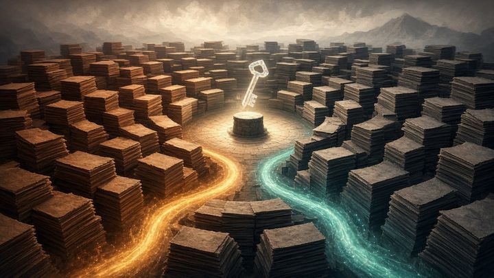 Illustration of two glowing paths, one amber and one teal, winding through a maze of stacked paper to a bright clearing where a crystal key floats over a stone pedestal