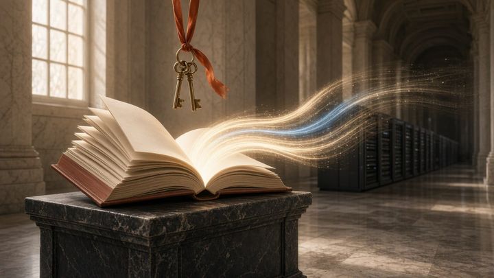 An open, blank-paged book on a marble pedestal in a sunlit marble hall, its pages releasing gold and blue light toward rows of server racks, with two brass keys hanging from a ribbon above.