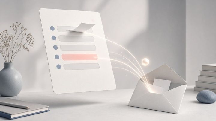 Illustration of blank paper slips drifting on arcs of light from an open envelope into the empty fields of a floating web form, beside a small glowing orb