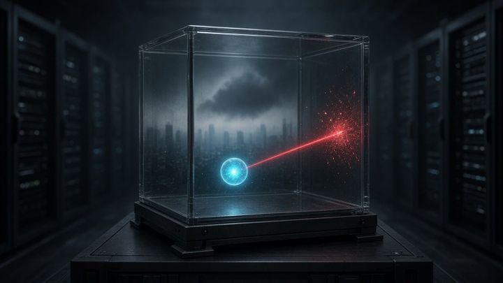 A glowing cyan orb inside a sealed glass cube in a dark server room fires a red beam that scatters into sparks on the glass, with a hazy city skyline beyond.