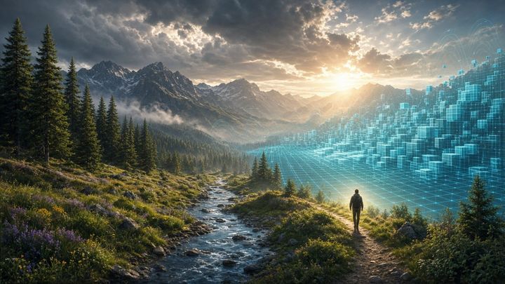Illustration of an alpine valley with a river and a lone hiker, its far side dissolving into a glowing cyan wireframe grid and floating cubes as the sun breaks through clouds