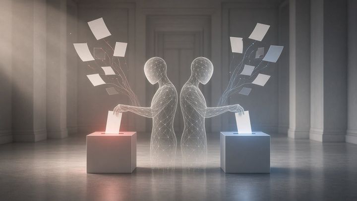 Two faceless wireframe AI figures stand back to back in an empty hall, each dropping a blank ballot into its own box, one lit red and one lit blue.