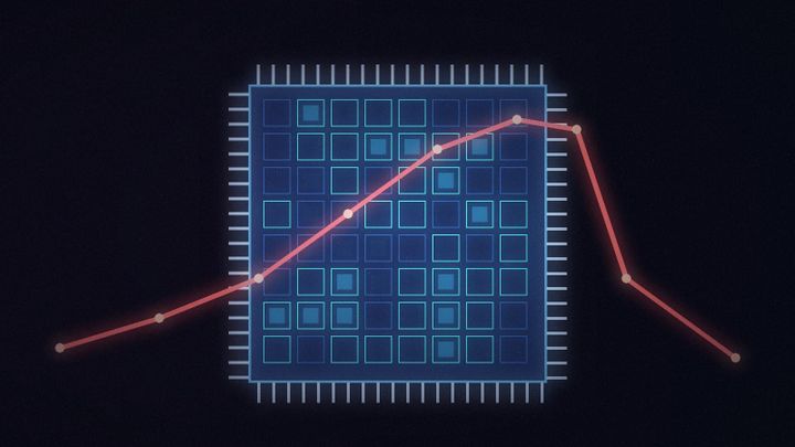 Abstract illustration: a glowing blue processor die with pins on all sides, crossed by a red line chart that climbs steadily, peaks and then drops sharply.