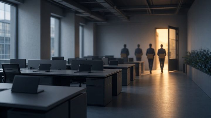 A dim, empty open-plan office with rows of desks and closed laptops, as four silhouetted workers carry cardboard boxes toward an open door glowing with warm light.