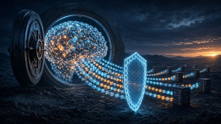 Illustration of a glowing crystalline AI core inside an open vault, with streams of glowing cubes flowing out to small server racks guarded by a hexagonal shield