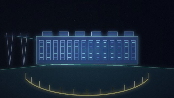 Abstract illustration of a long data center building on a hillside with power towers, cradled from below by a glowing gold safety net