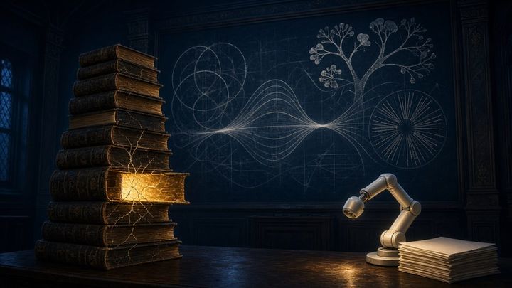 A tower of old leather books in a dark lecture hall, one glowing gold block cracking it, beside a chalkboard of geometric drawings and a small robotic arm by blank paper.