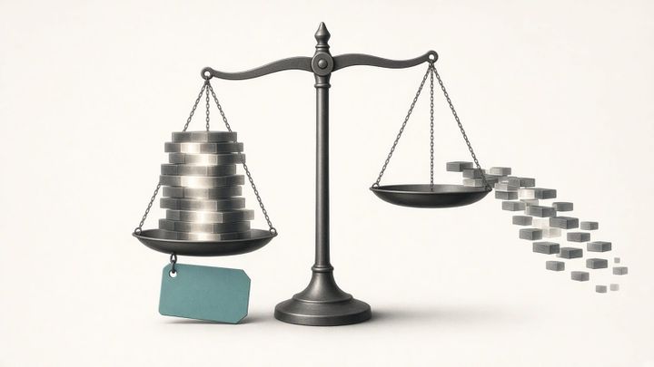 A metal balance scale on an off-white background, one pan weighed down by a stack of glowing blocks with a blank teal price tag hanging below, while blocks spill away from the higher, emptier