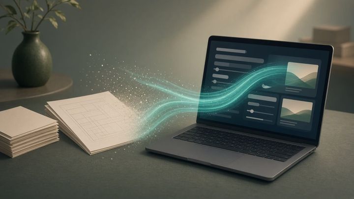 A laptop on a green desk showing blank interface panels and sliders, with a glowing teal stream of light flowing into the screen from stacks of blank paper and a blueprint sheet.