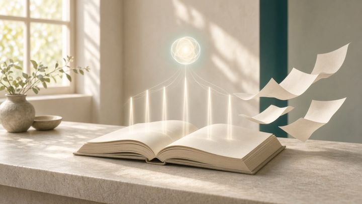 Illustration of an open blank book on a stone table with five pillars of light rising from its pages toward a small glowing orb, as loose pages drift away