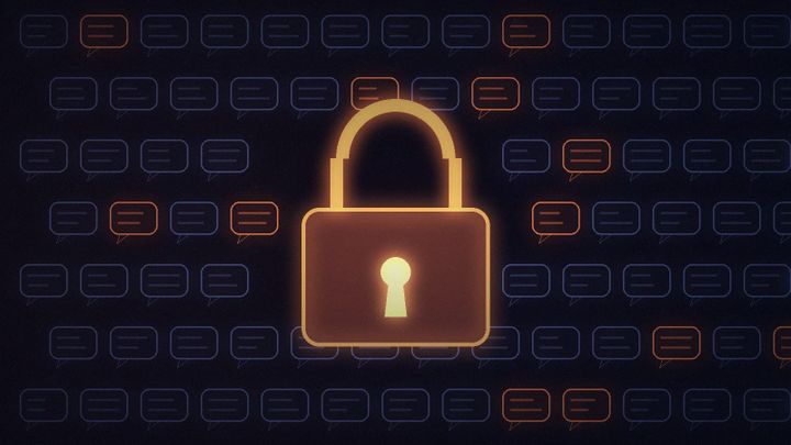 Abstract illustration: a large glowing orange padlock in front of a wall of small outlined speech bubbles in muted blue, with a few bubbles highlighted orange.