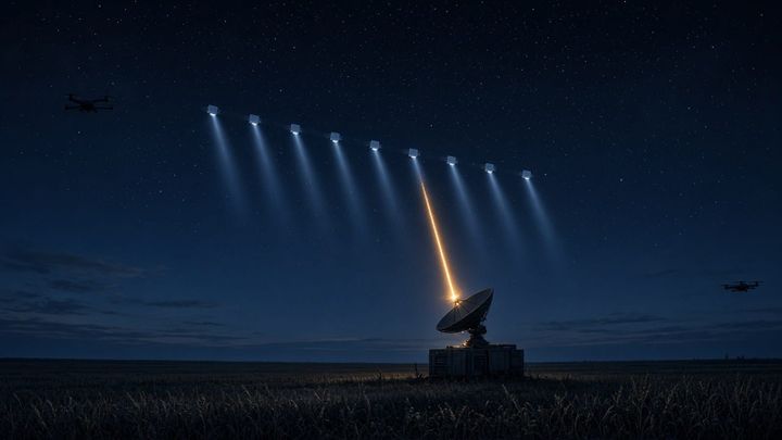 A chain of glowing satellites crosses a starry navy night sky above a dark wheat field, with one narrow amber beam reaching a ground satellite dish and small drones silhouetted at the edges.