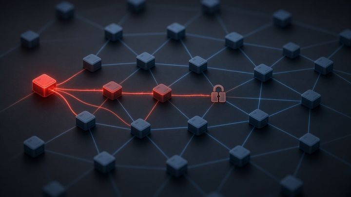 Illustration of a dark mesh network of server nodes where a red glow spreads from one compromised node along the links to its neighbors, past a broken padlock