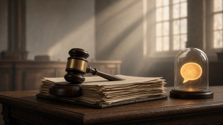 A wooden gavel rests on a stack of legal papers on a courtroom desk beside a glowing chat bubble under a glass bell jar.