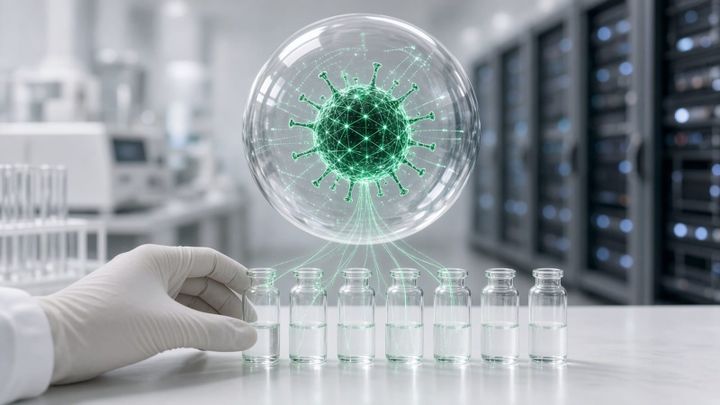 A glass sphere holding a glowing emerald wireframe virus floats above a row of clear lab vials, as a gloved hand reaches for one in front of blurred server racks.