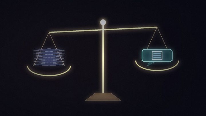 Abstract illustration of a balance scale holding a stack of pages on one side and a speech bubble with a single page on the other