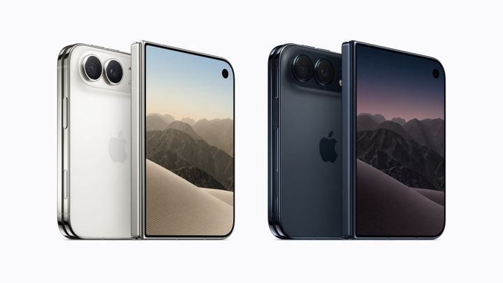 Two Apple iPhone Duo foldables, one white and one dark blue, standing half-open side by side, their hinges facing the camera