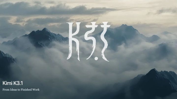 The words Kimi K3.1 in white over misty mountain peaks, with the tagline From Ideas to Finished Work