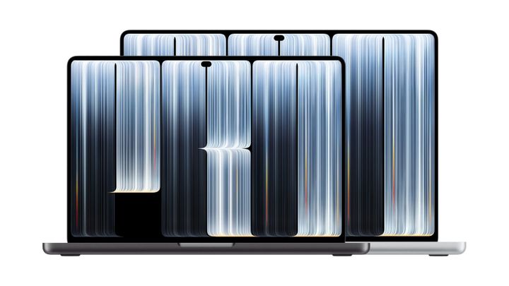 Apple's 14-inch and 16-inch MacBook Pro with PROLED XDR Display, one in front of the other on a white background, screens showing blue and silver light streaks