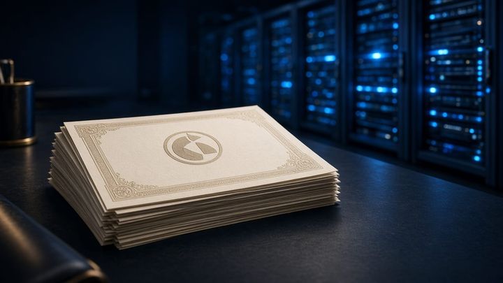 Illustration: a stack of engraved stock certificates on a desk in front of glowing data-center server racks
