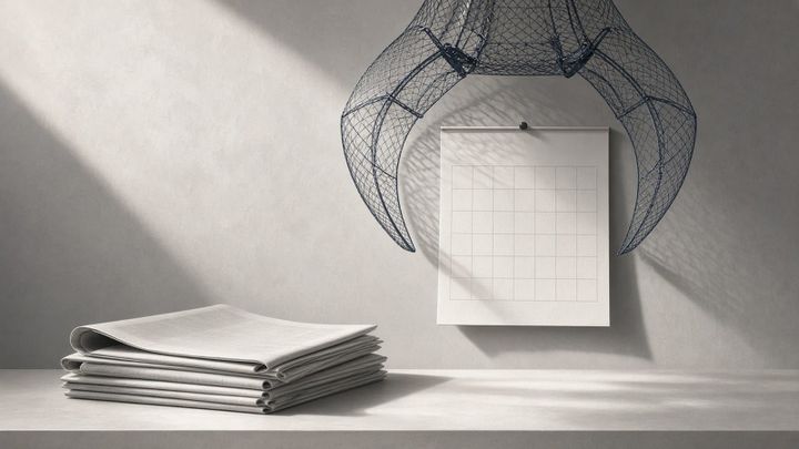 A large wire-mesh claw hangs halted above a stack of folded newspapers on a table, beside a blank calendar grid pinned to a gray wall