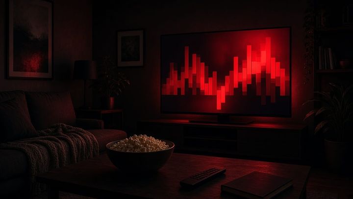 A dark living room lit red by a TV showing an abstract falling bar chart