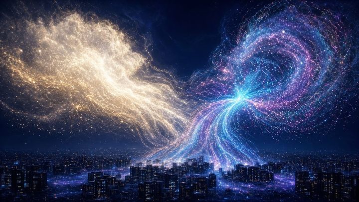 Two glowing clouds of data particles merging above a city of servers