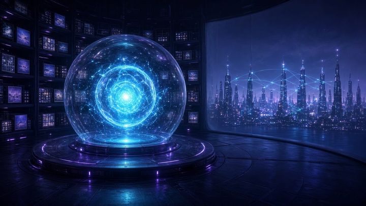 Illustration: a glowing blue AI core sealed inside a glass dome in a dark archive hall, with a city of network lights visible beyond a window