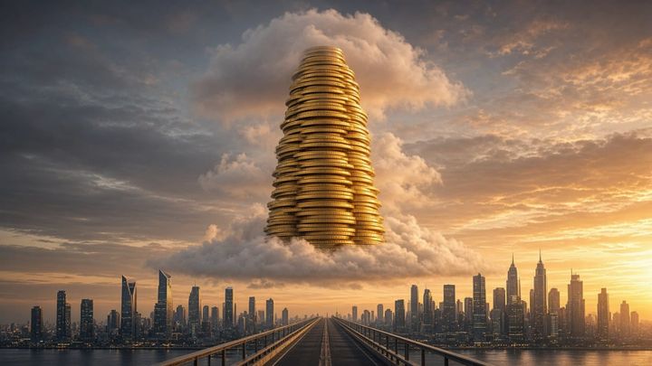 Illustration: a towering stack of gold coins rising out of clouds above a city skyline at dusk, with a bridge leading toward it