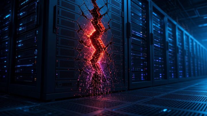 Rows of glowing servers in a dark data center, one rack split by a red crack of light