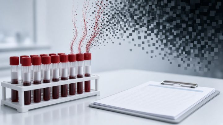 A rack of red-capped blood sample tubes beside a clipboard of blank forms on a white lab counter, with red threads rising from the tubes and dissolving into dark pixels