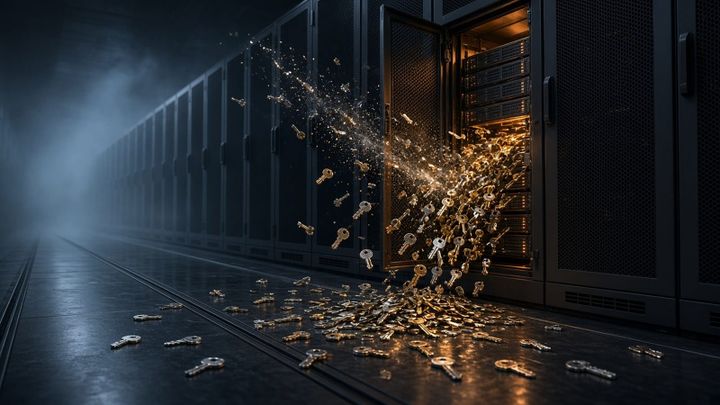Illustration: a server cabinet door hangs open in a dark data center as a stream of keys pours out onto the floor