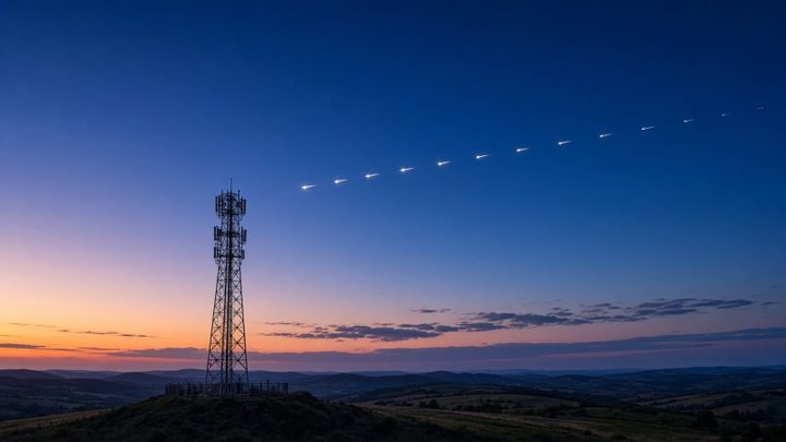 Illustration: a lattice cell tower on a rural ridge at dusk, with a line of satellites streaking across the deep-blue sky above it