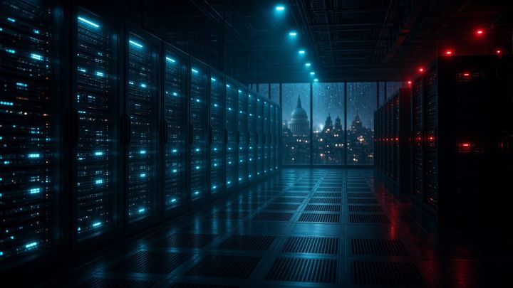 A dark data center hall where one row of server racks has gone dark under red emergency lights while the rest glow cyan, with a rain-streaked view of London's skyline beyond