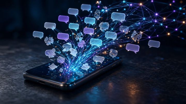 Translucent chat bubbles, some cracked open, streaming out of a smartphone into a glowing web of network links