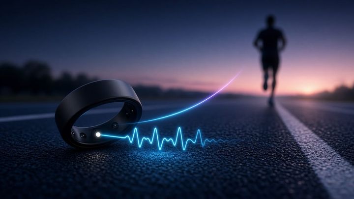 A matte black smart ring on a running track at dawn, a glowing heart-rate line flowing from its sensor toward a distant runner