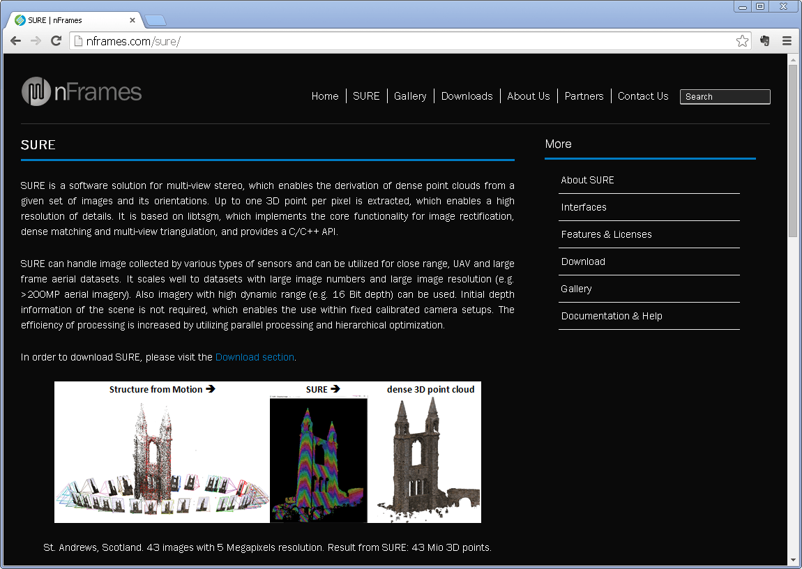 Screenshot der Webseite zur Software SURE von nFrames