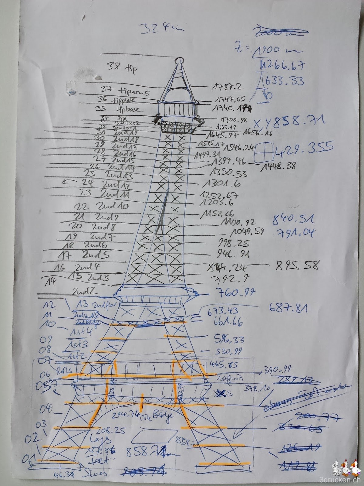Foto der Arbeitsskizze unseres neusten Druckvorhabens mit 100 Einzelteilen
