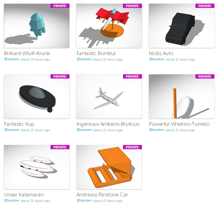 Screenshot aus Tinkercad mit einer Übersicht der von den Teilnehmern entworfenen Transportmitteln