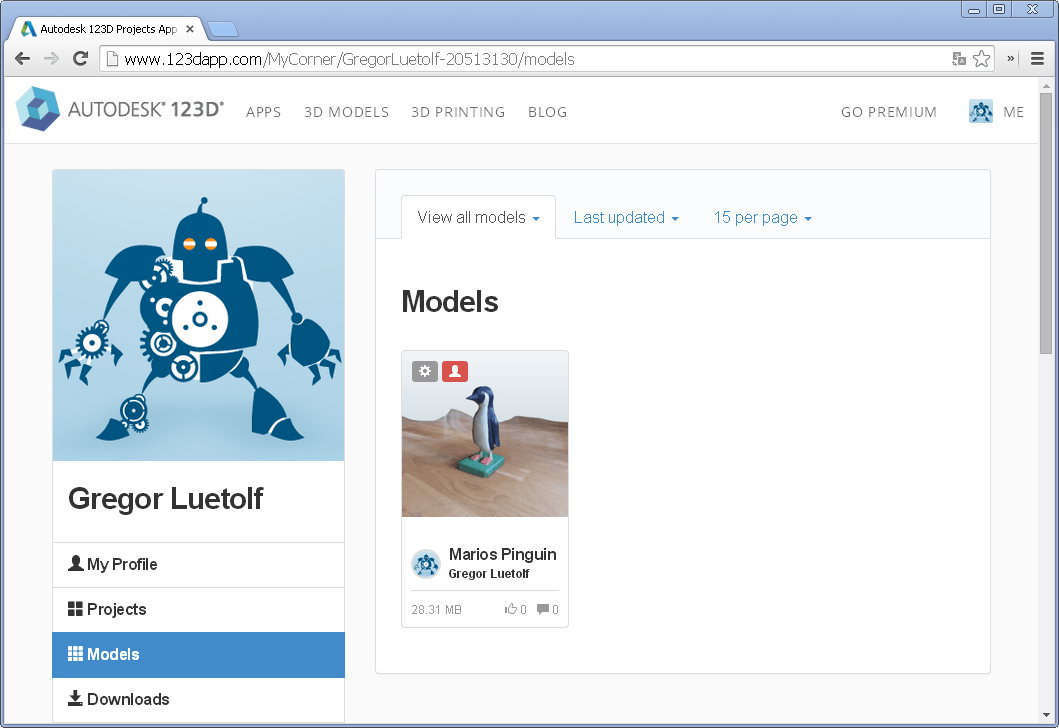 Screenshot unseres 123D Catch Profils